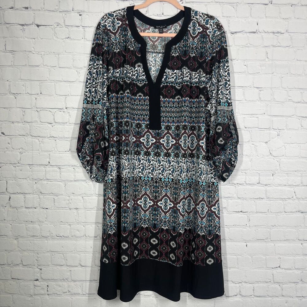 Printed Peasant Dress in Black and Teal